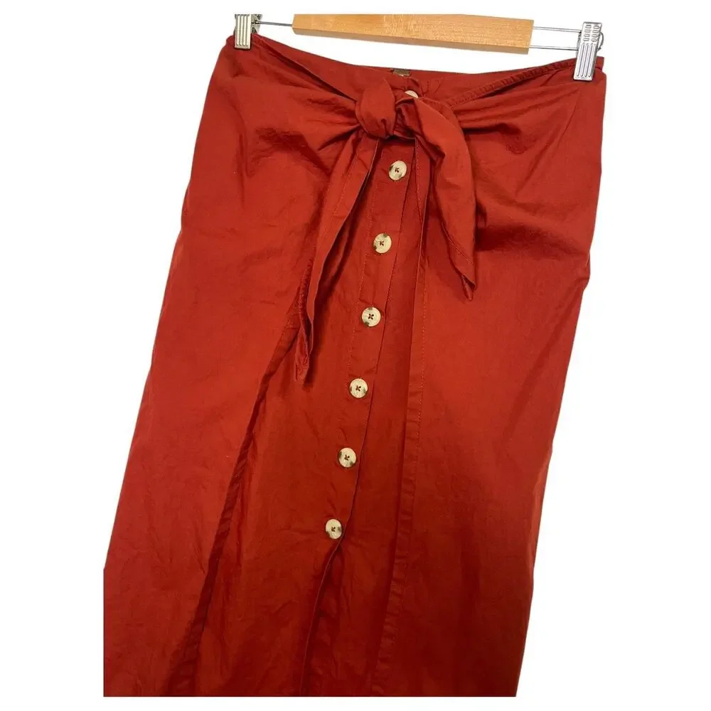 Free People Skirt Womens Medium Orange Midi Button Front Tie Boho Festival Chic